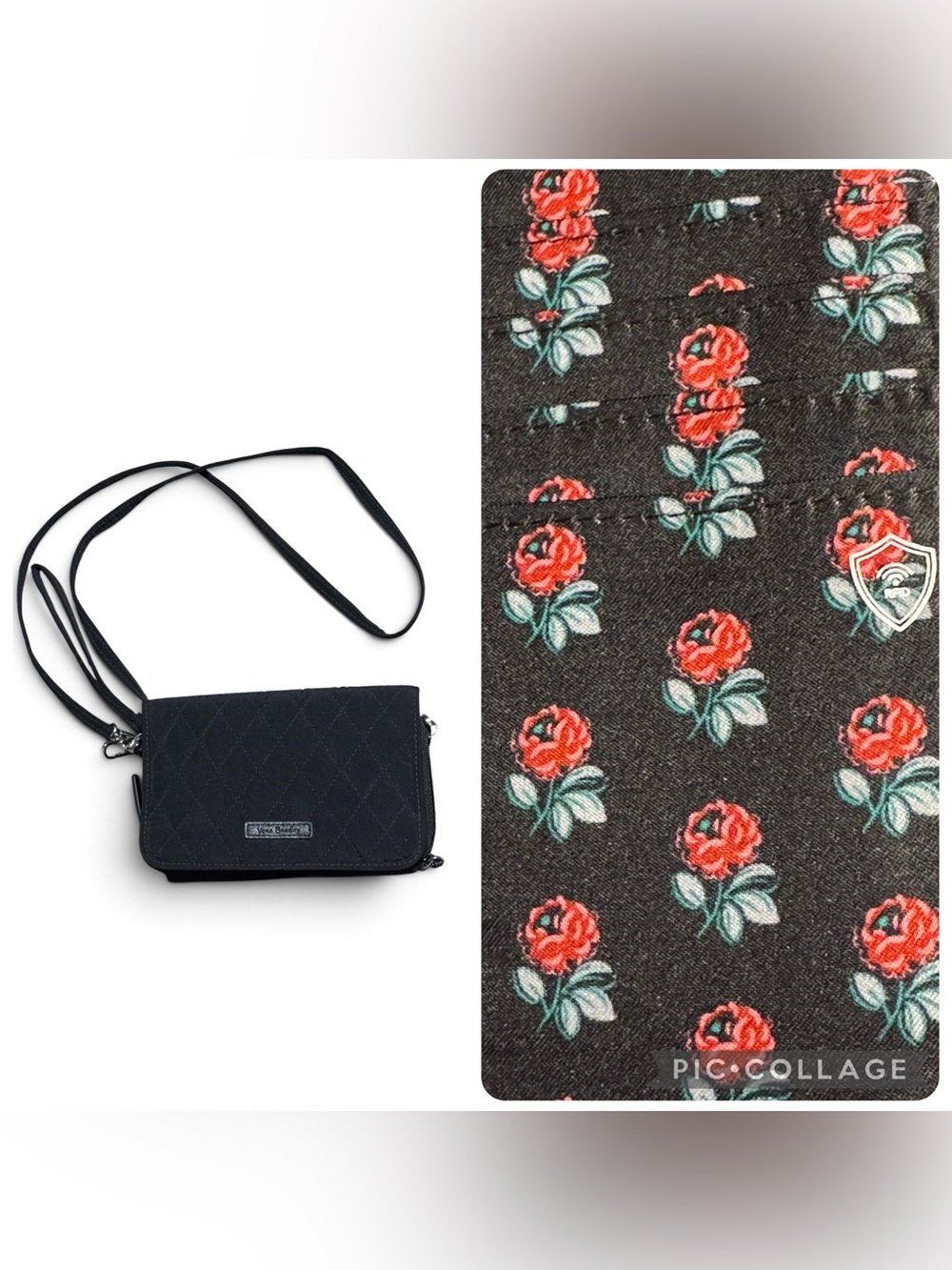Vera Bradley Black Quilted Crossbody Wallet Rose Floral Lining